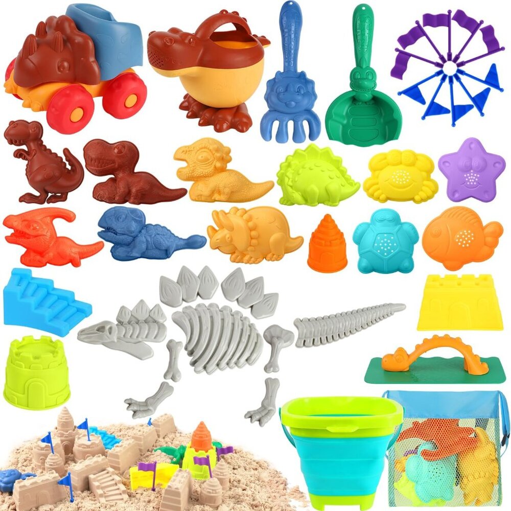 41pc Beach/Sandbox Toys for Kids Dinosaur Molds, Bucket/Shovel w/ Mesh Bag